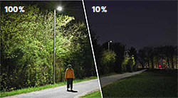Reducing energy consumption and pollution are important issues for today´s cities. In terms of lighting, the solution is to dim luminaires when the paths are not in use. Dim luminaires to 10 % when the paths are not in use